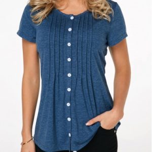 Button Up Crinkle Chest Navy Blue T Shirt