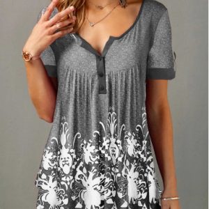 Button Detail Printed Short Sleeve T Shirt