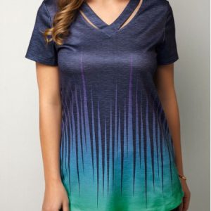 Dazzle Color Cutout Neckline Short Sleeve T Shirt