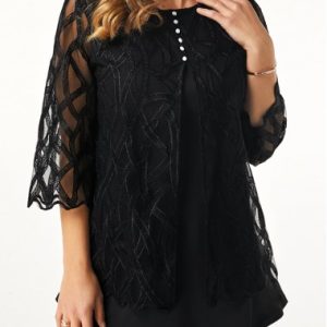 Lace Panel Button Detail Round Neck T Shirt