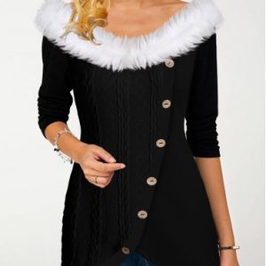 Black Patchwork Long Sleeve Boat Neck T Shirt