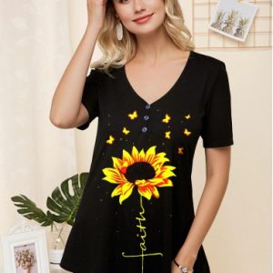 Sunflower Print V Neck Short Sleeve T Shirt