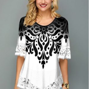 Asymmetric Hem Lace Trim Printed T Shirt