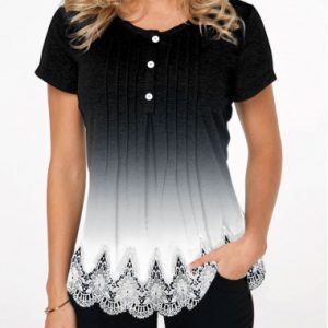 Gradient Lace Hem Button Detail T Shirt