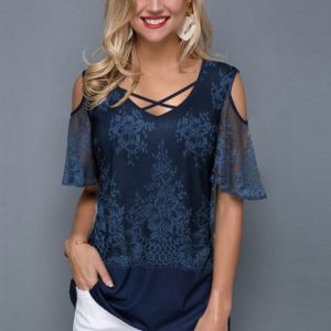 Criss Cross Short Sleeve V Neck T Shirt