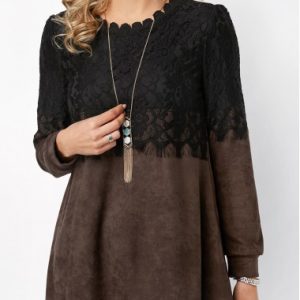 Lace Panel Round Neck Long Sleeve T Shirt