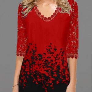 Lace Panel Floral Print V Neck T Shirt