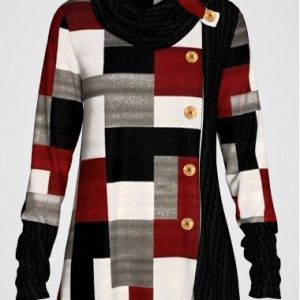 Red Decorative Button Geometric Print Long Sleeve Sweatshirt