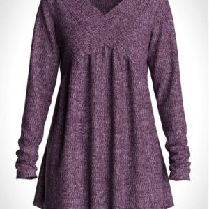 V Neck Long Sleeve Purple T Shirt
