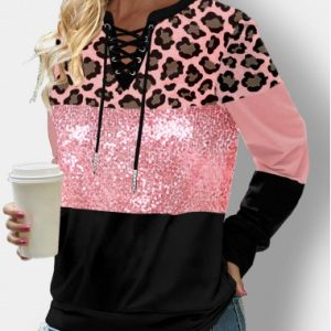 Leopard Sequin Panel Lace Up Sweatshirt