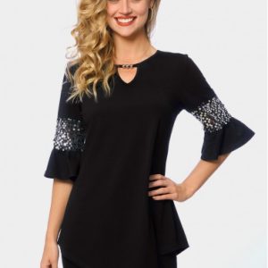 Keyhole Neckline Asymmetric Hem Sequin T Shirt