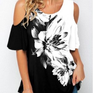 Floral Print Cold Shoulder Half Sleeve T Shirt