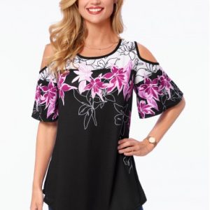 Floral Print Asymmetric Hem Cold Shoulder T Shirt