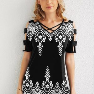 Tribal Print Ladder Cutout V Back T Shirt