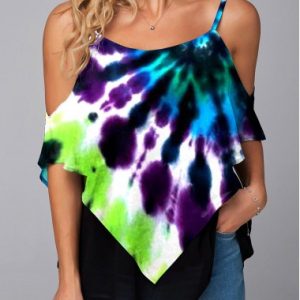 Tie Dye Print Asymmetric Hem Mesh Stitching T Shirt