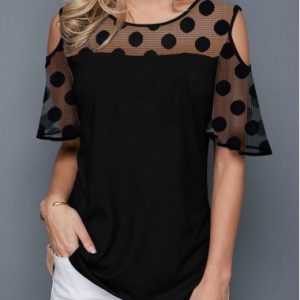 Polka Dot Cold Shoulder Round Neck T Shirt