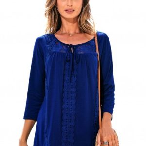 Lace Stitching Tie Front 3/4 Sleeve T Shirt