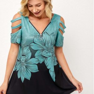 Floral Print Ladder Cutout Quarter Zip T Shirt
