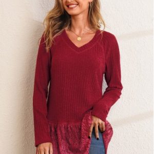 Lace Patchwork Solid Long Sleeve V Neck T Shirt