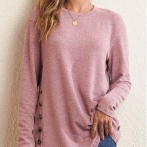 Decorative Button Pink Long Sleeve Round Neck T Shirt