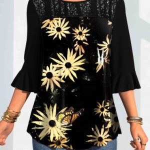 Three Quarters Sleeve Round Neck Floral Print T Shirt