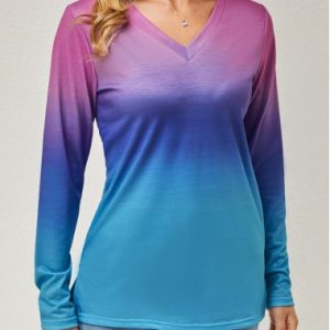 Ombre Long Sleeve V Neck T Shirt
