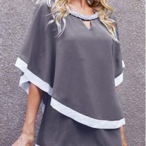 Embellished Neck Keyhole Neckline Layered Contrast T Shirt