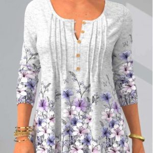Floral Print Long Sleeve Crinkle Chest T Shirt