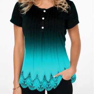 Gradient Lace Hem Button Detail T Shirt