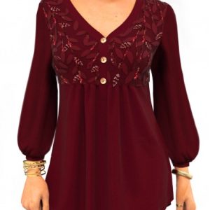 Leaf Sequin Lantern Sleeve V Neck T Shirt