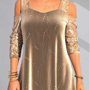 Christmas Design Gold Cold Shoulder Sequin T Shirt