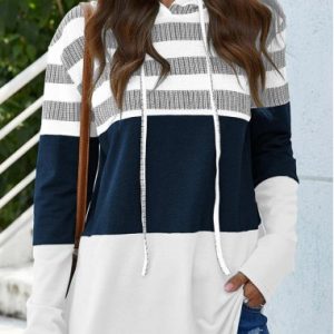 Drawstring Stripe Print Long Sleeve White Hoodie