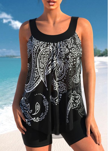 Paisley Print Black Wide Strap Tankini Top
