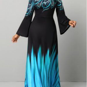 Blue Breathable Tribal Print Long Sleeve Maxi Dress