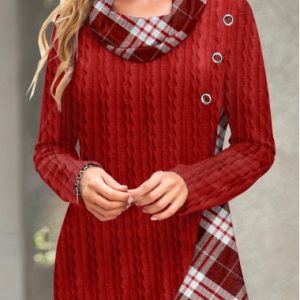 Red Twisted Plaid Long Sleeve Cowl Neck Sweatshirt