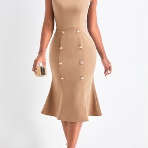 Light Camel Double Breasted Sleeveless Bodycon Dress
