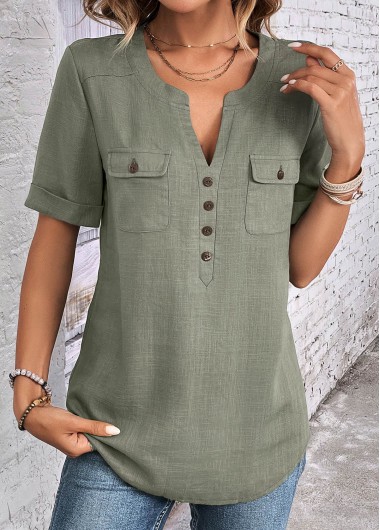 Sage Green Button Short Sleeve Split Neck Blouse