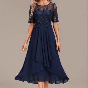 Navy Lace Short Sleeve Round Neck Dress