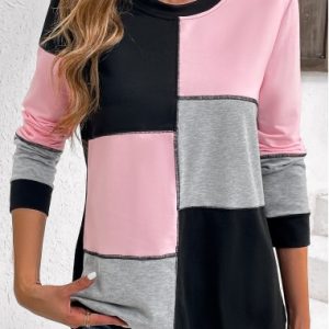 Light Pink Patchwork Long Sleeve Round Neck Sweatshirt