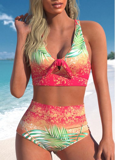 Bowknot High Waisted Tropical Plants Print Bikini Set