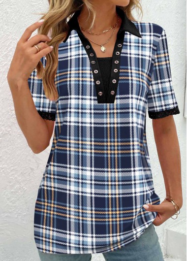 Blue Eyelet Plaid Short Sleeve T Shirt