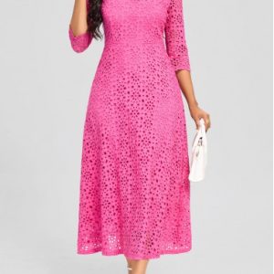 Hot Pink Embroidery Three Quarter Length Sleeve Dress