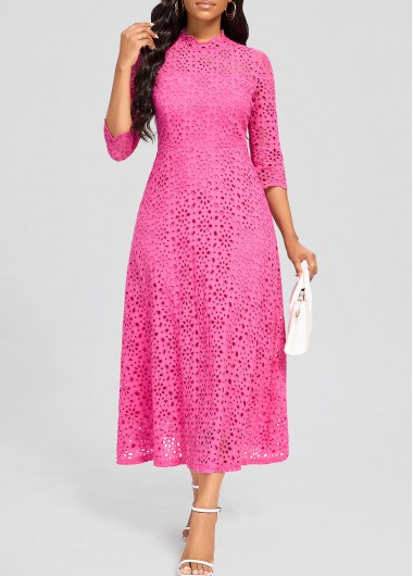 Hot Pink Embroidery Three Quarter Length Sleeve Dress