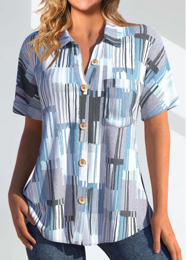 Light Blue Pocket Geometric Print Short Sleeve Blouse