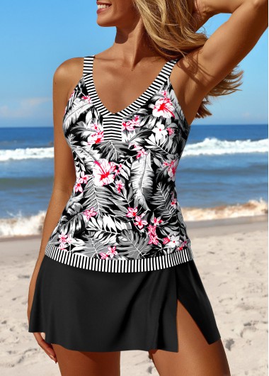 Patchwork Mid Waisted Tropical Plants Print Tankini Set