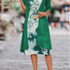 Green Two Piece Ink Painting Print Dress and Cardigan