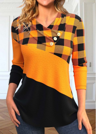Orange Patchwork Plaid Long Sleeve T Shirt