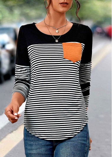 Black Patchwork Striped Long Sleeve Round Neck T Shirt