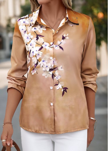 Light Coffee Button Floral Print Long Sleeve Blouse