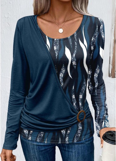 Peacock Blue Patchwork Geometric Print Long Sleeve Sweatshirt